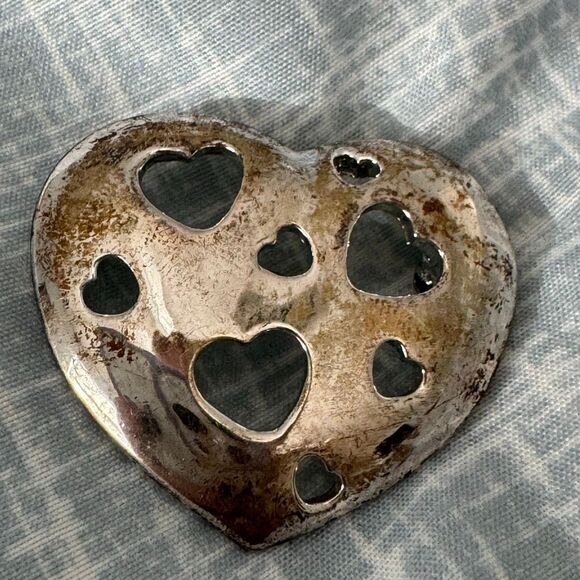 Vintage Silver Plated Cut-Out Grunge Heart Brooch Signed Preco - Picture 4 of 4